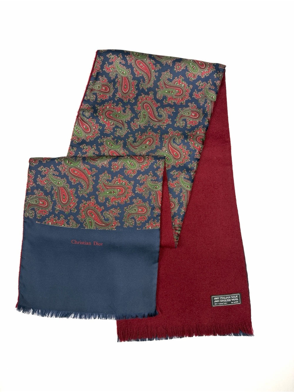 Vintage Christian Dior Doubled Paisley Scarf Silk Wool Navy Burgundy 53x9.5”